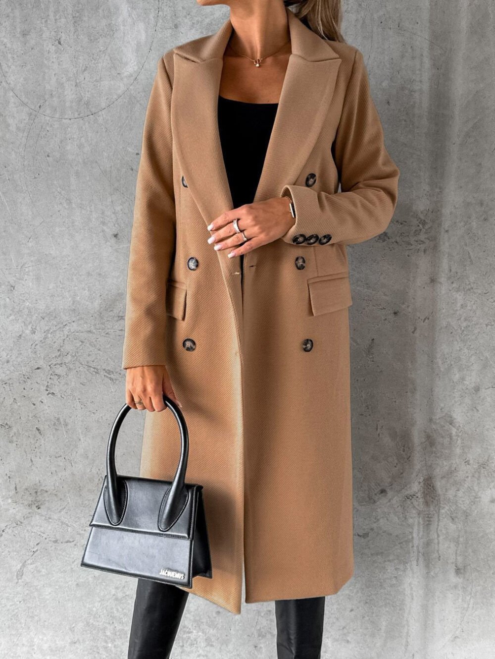 Coats Solid Long Sleeve Double Breasted Pocket Woolen Coat for Women