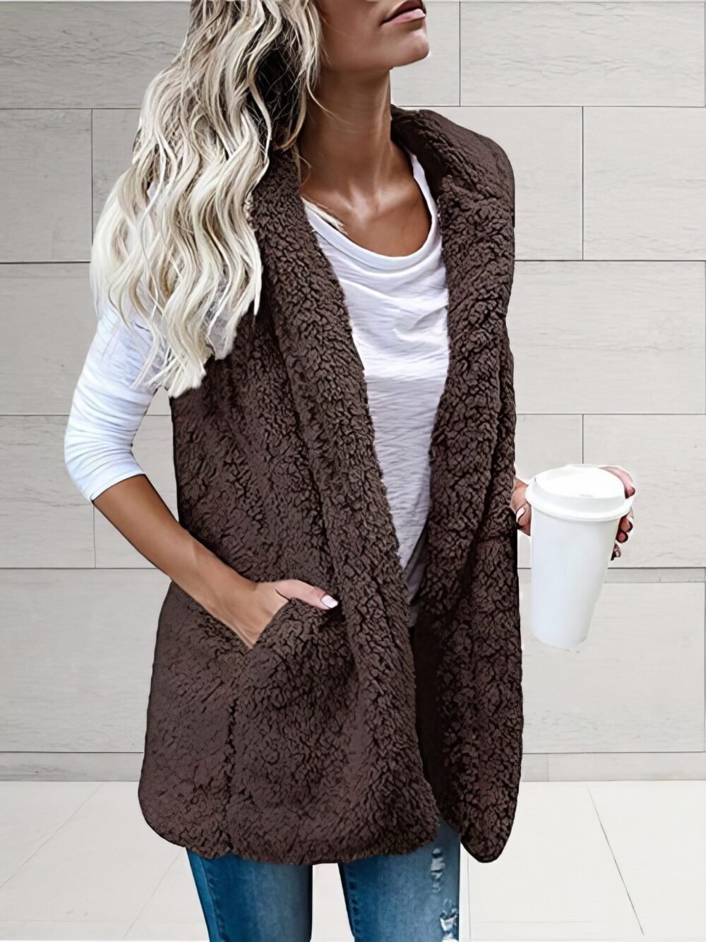 Coats Solid Sleeveless Hooded Pocket Fur Vest for Women - Image 10