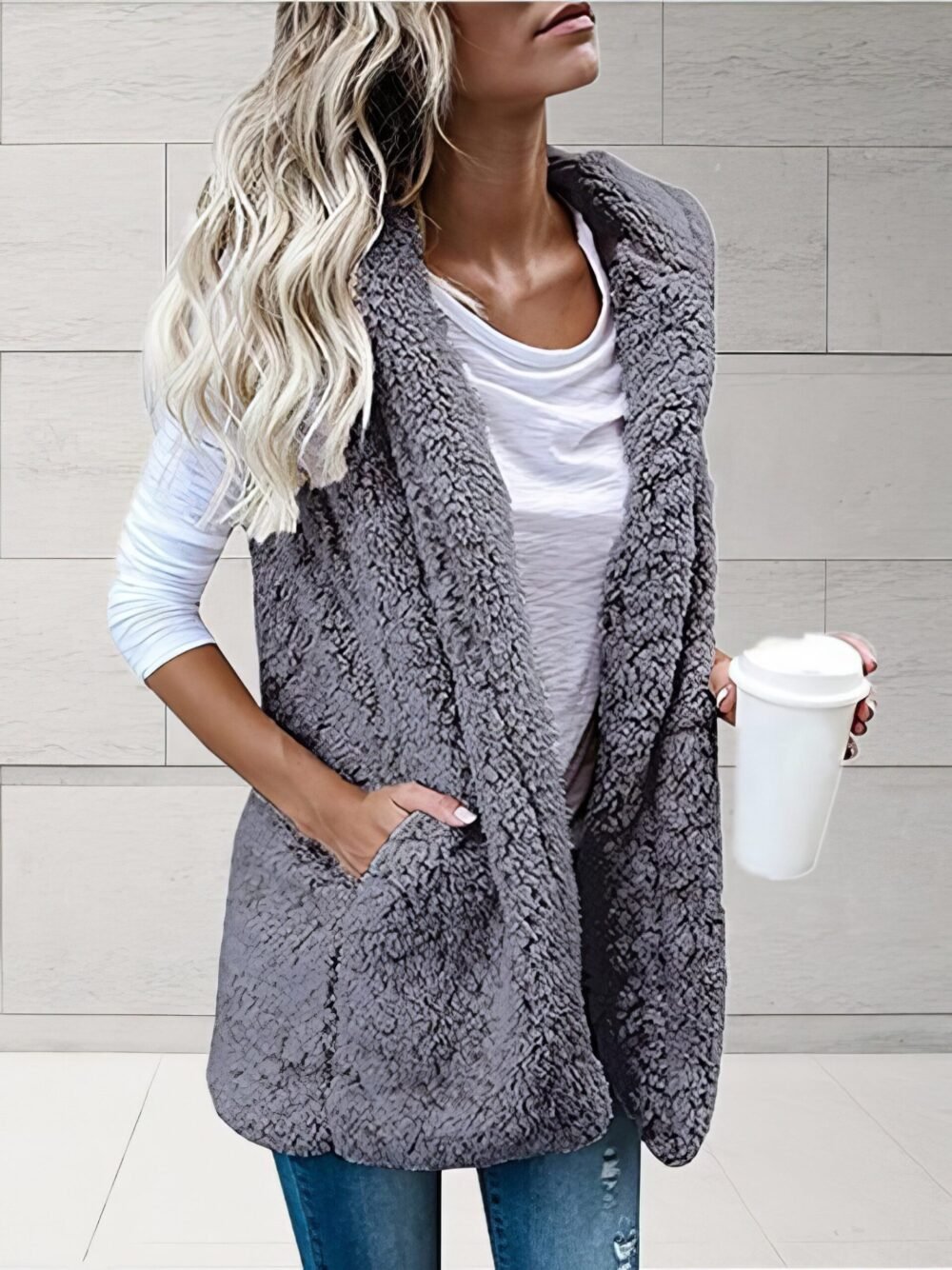 Coats Solid Sleeveless Hooded Pocket Fur Vest for Women - Image 7