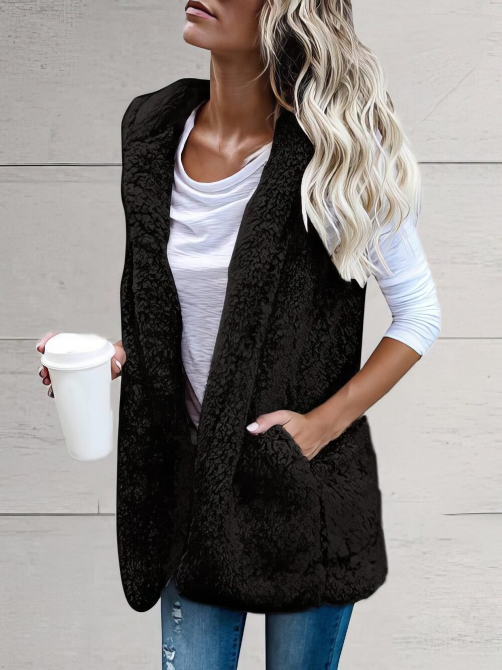 Coats Solid Sleeveless Hooded Pocket Fur Vest for Women - Image 2