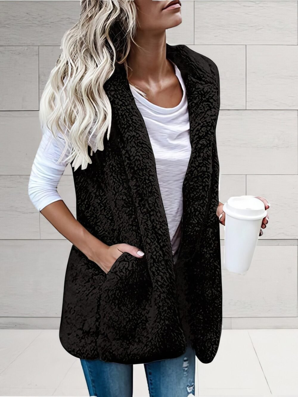 Coats Solid Sleeveless Hooded Pocket Fur Vest for Women