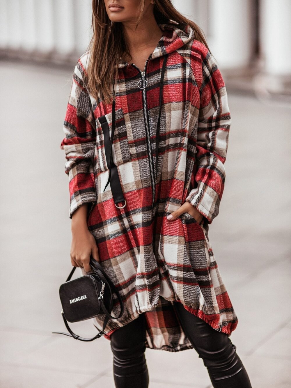 Coats Zip Check Shirt Mid-Length Hooded Coat for Women