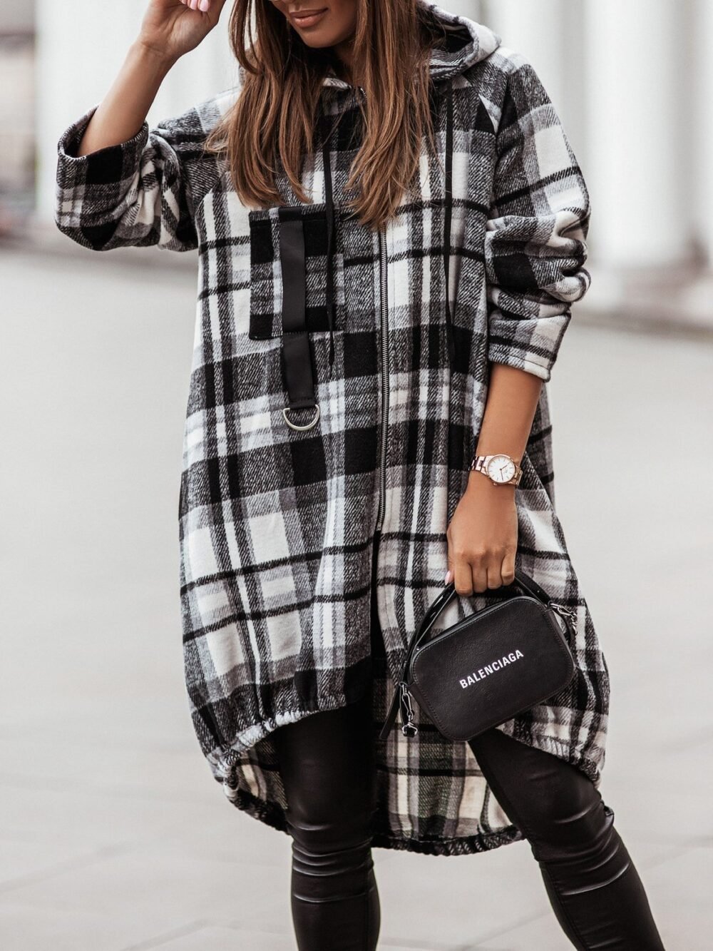 Coats Zip Check Shirt Mid-Length Hooded Coat for Women - Image 5