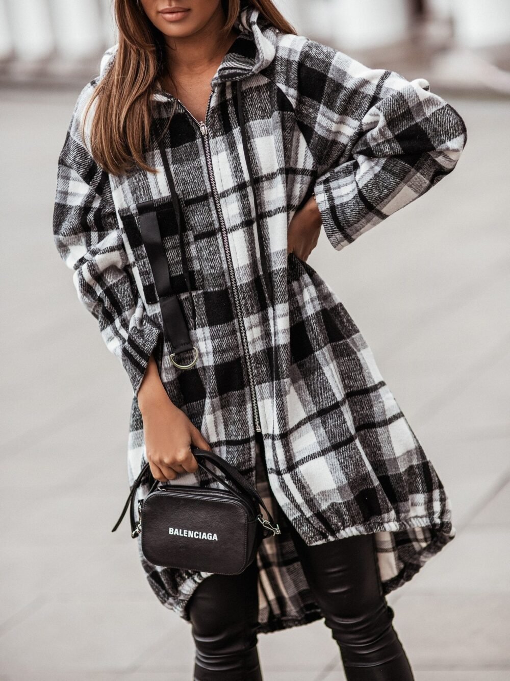 Coats Zip Check Shirt Mid-Length Hooded Coat for Women - Image 3