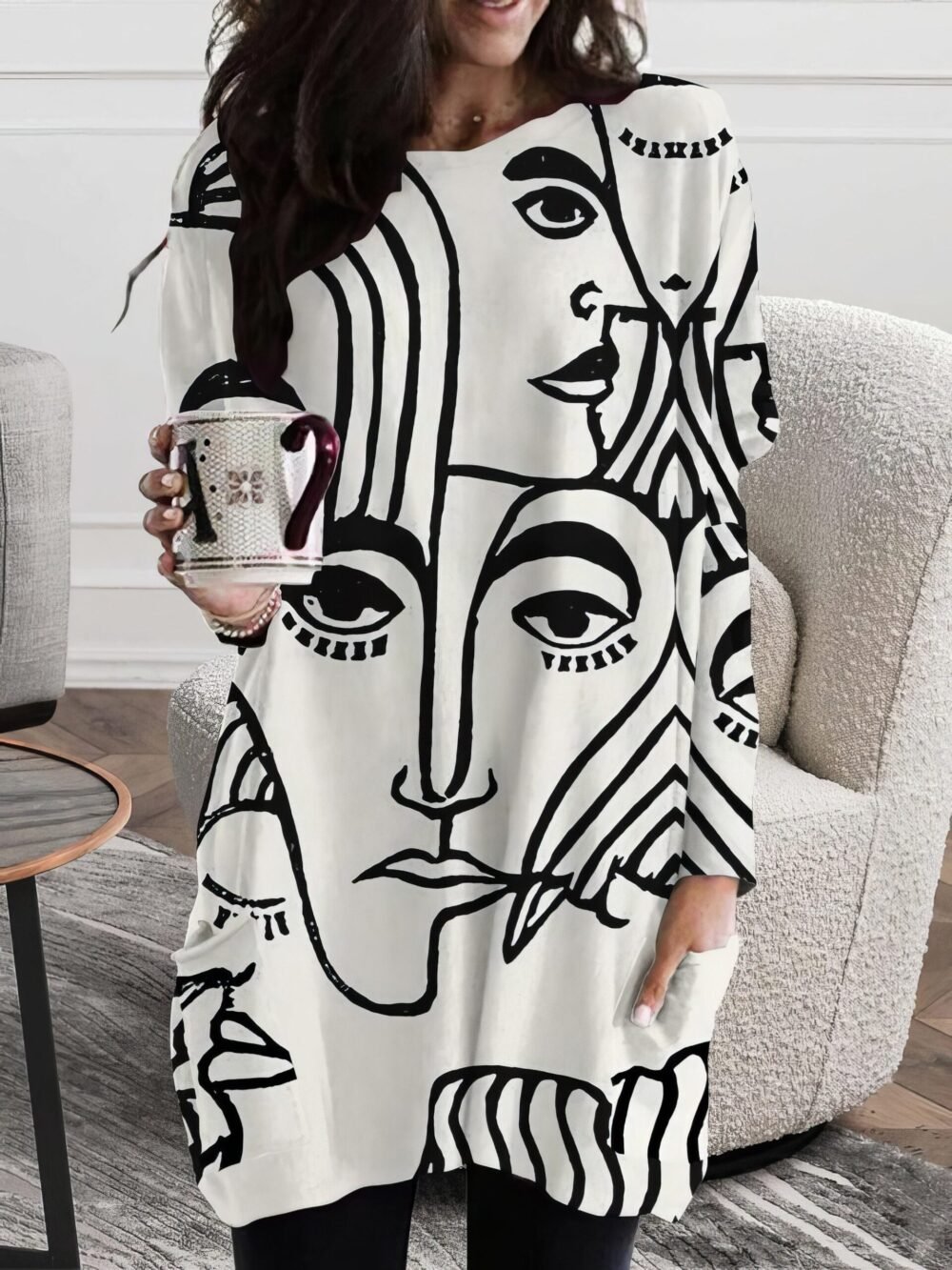 Dresses Abstract Face Print Round Neck Pocket Long Sleeve Dress for Women - Image 3