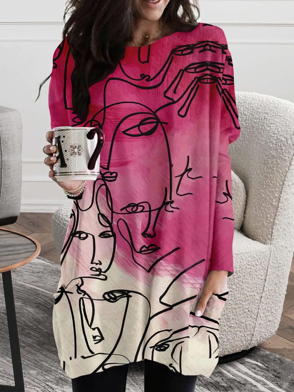 Dresses Abstract Face Print Round Neck Pocket Long Sleeve Dress for Women - Image 4