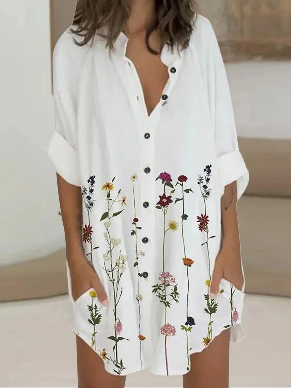 Dresses Printed 3/4 Sleeve Shirt Dress for Women