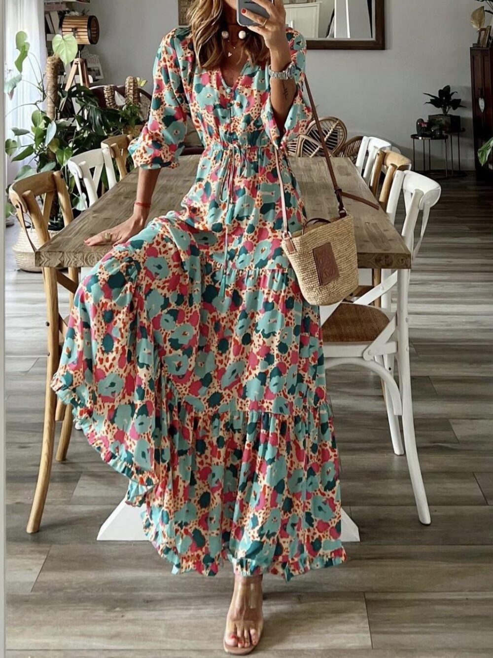 Dresses Printed V-Neck Ruffle Long Sleeve Dress for Women - Image 2