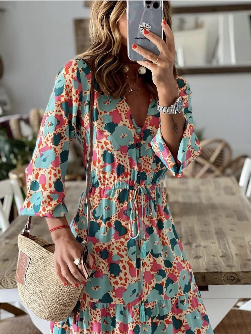 Dresses Printed V-Neck Ruffle Long Sleeve Dress for Women - Image 3