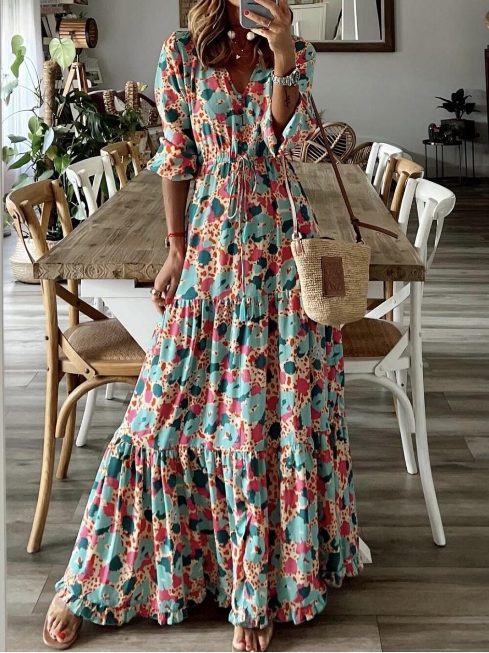 Dresses Printed V-Neck Ruffle Long Sleeve Dress for Women