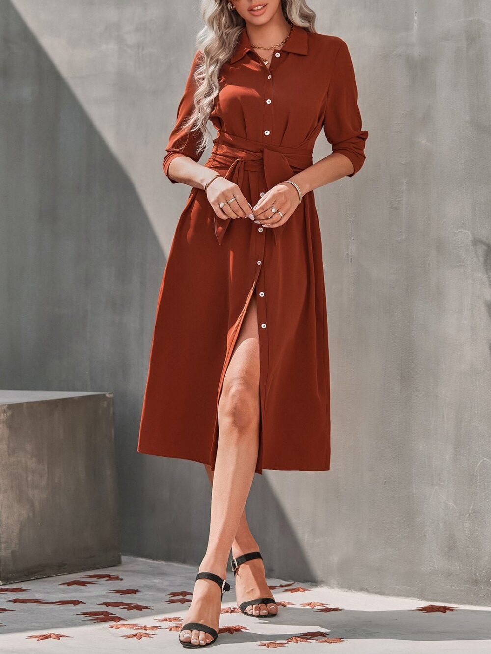 Dresses Single Breasted Long Sleeve Shirt Dress for Women - Image 4