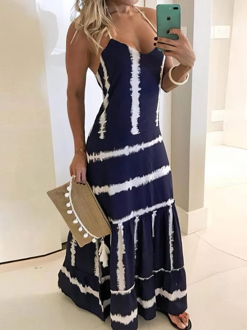 Dresses Sling Stripe Print Sleeveless Fitted Dress for Women