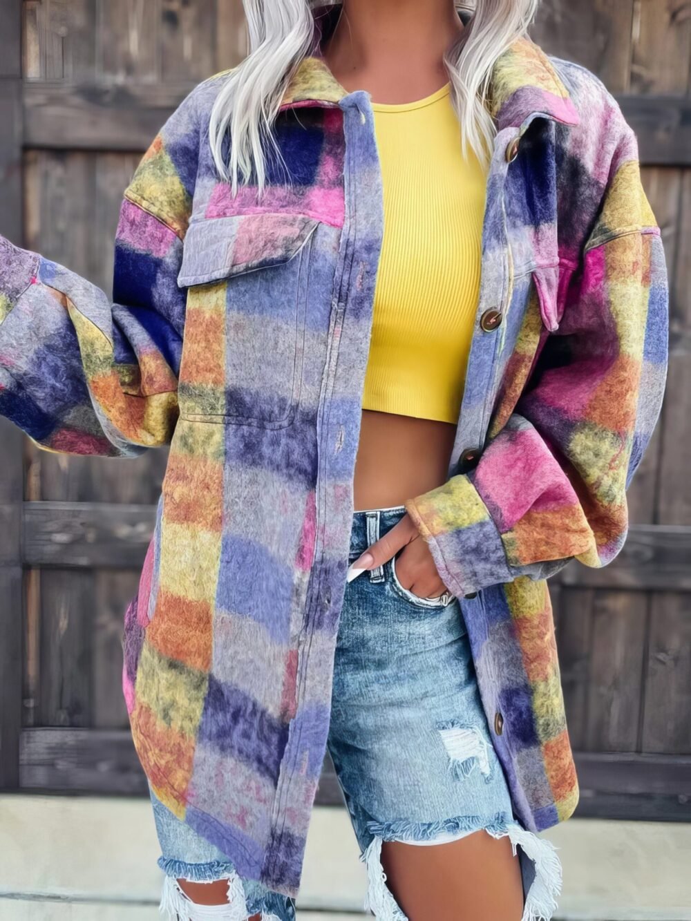 Jackets Tie-Dye Print Lapel Wool Long Sleeve Jackets for Women - Image 3