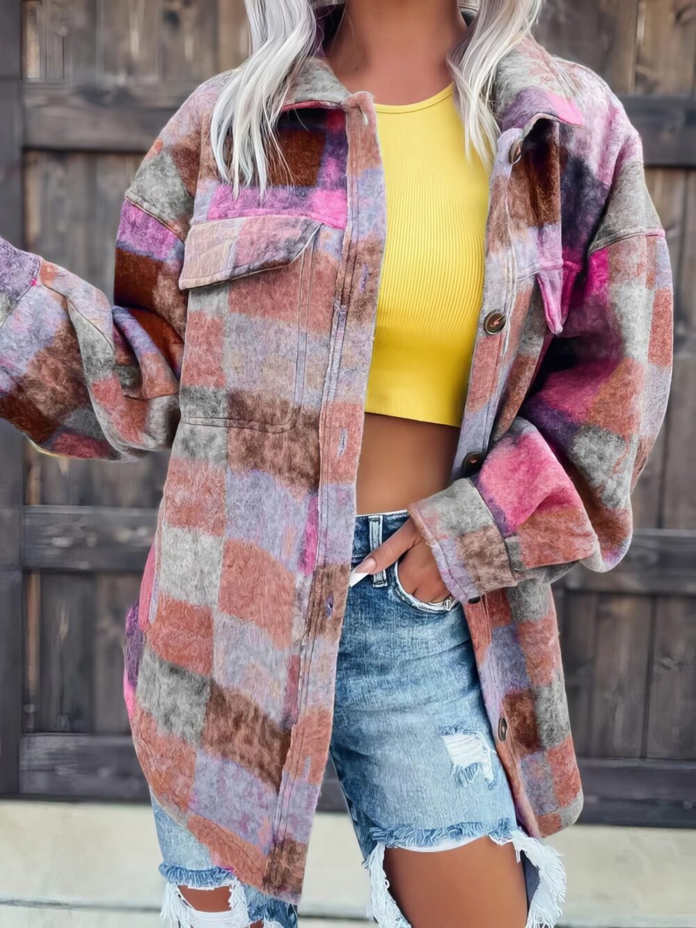 Jackets Tie-Dye Print Lapel Wool Long Sleeve Jackets for Women - Image 4