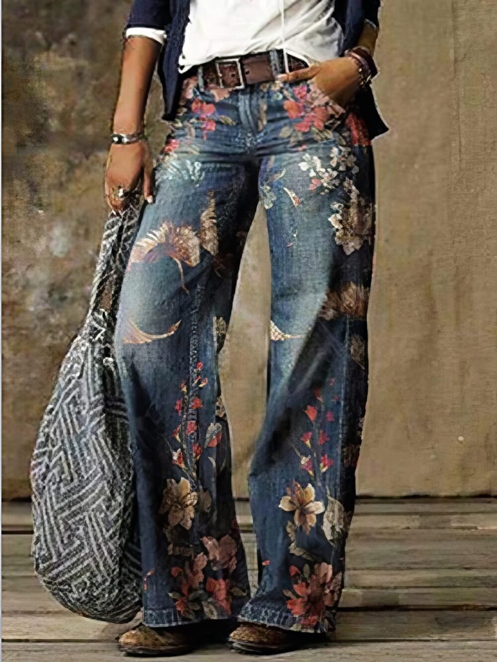 Jeans Casual Floral Print Pocket Wide-Leg Jeans for Women - Image 3