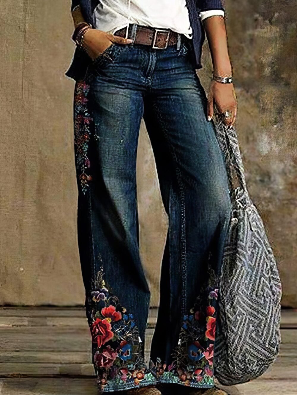 Jeans Casual Floral Print Pocket Wide-Leg Jeans for Women - Image 2