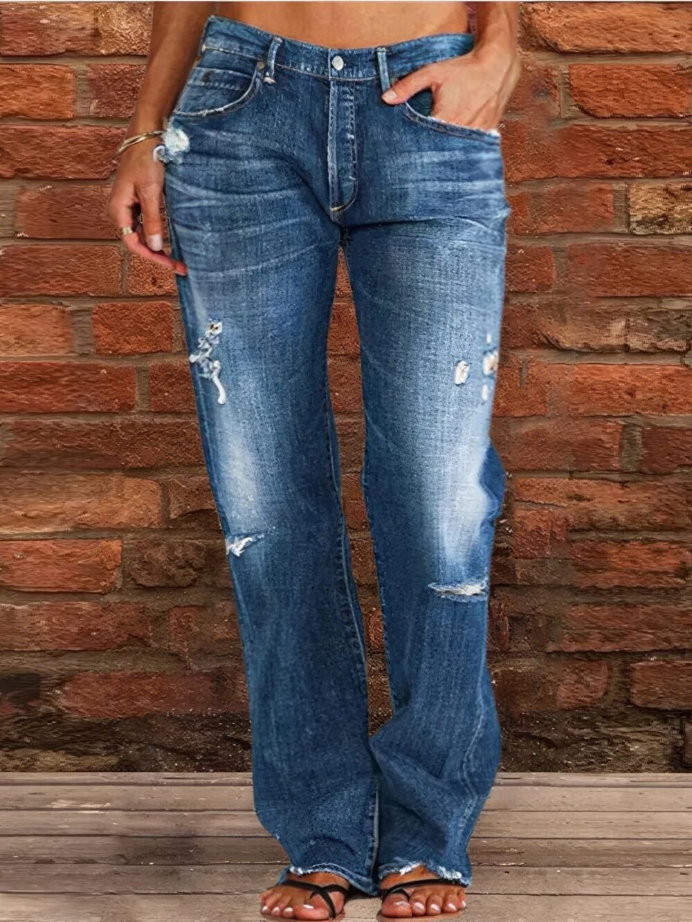 Jeans Stretch Ripped Washed Casual Straight Jeans for Women