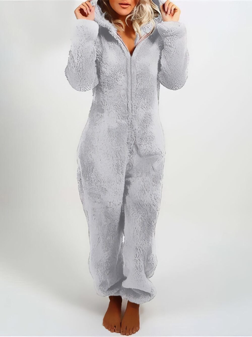 Pajamas Furry Zipper Jumpsuit Hooded Pajamas for Women - Image 2