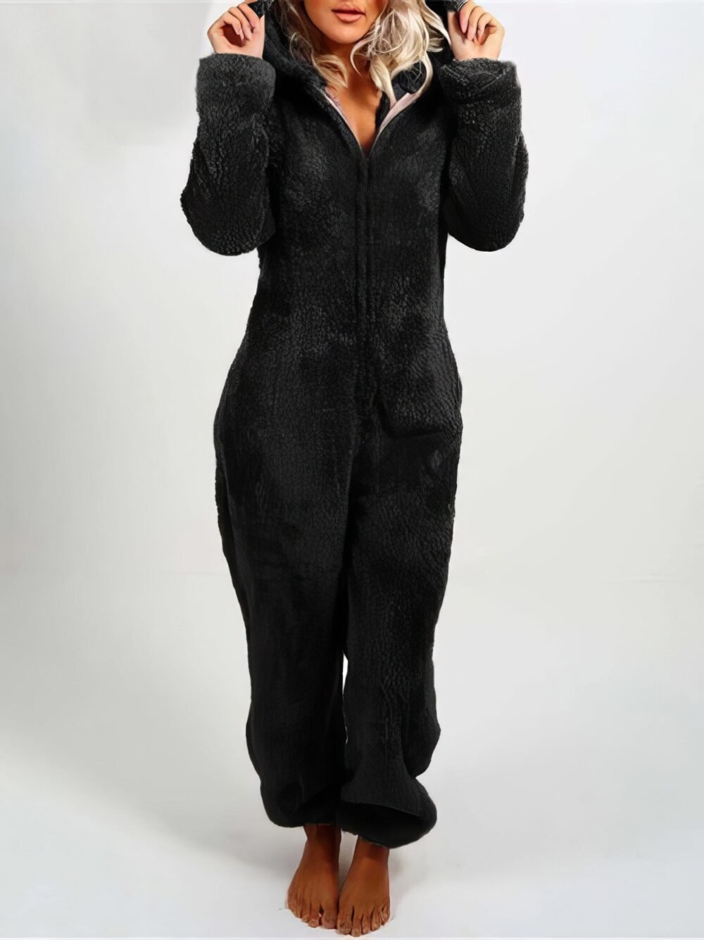 Pajamas Furry Zipper Jumpsuit Hooded Pajamas for Women - Image 3