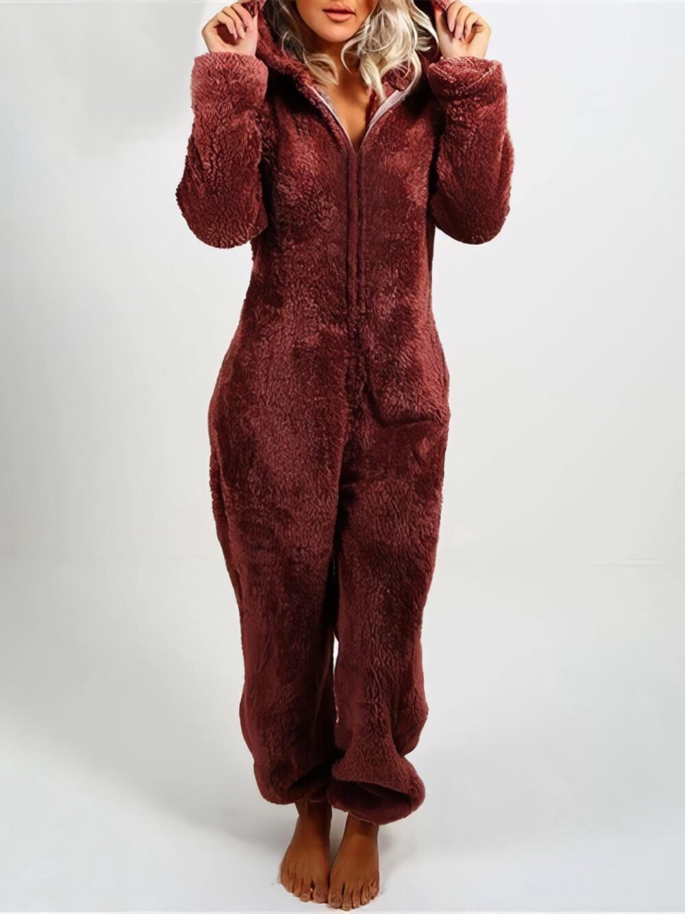 Pajamas Furry Zipper Jumpsuit Hooded Pajamas for Women - Image 4