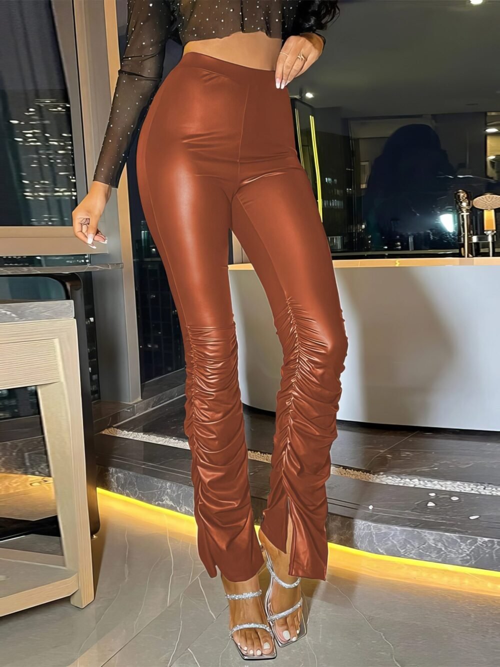 Pants High Waist Pleated Hem PU Leather Pants for Women - Image 6