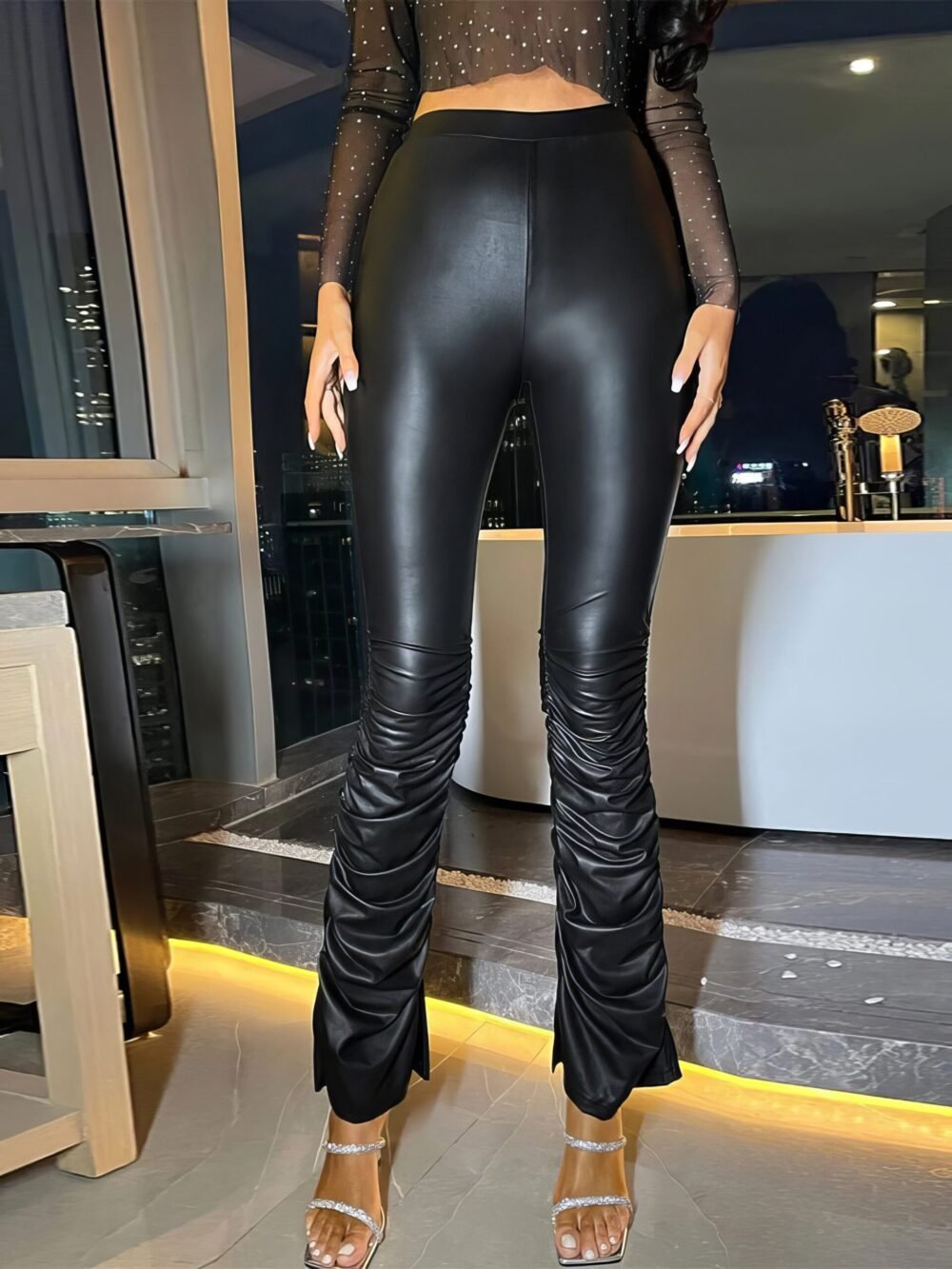 Pants High Waist Pleated Hem PU Leather Pants for Women