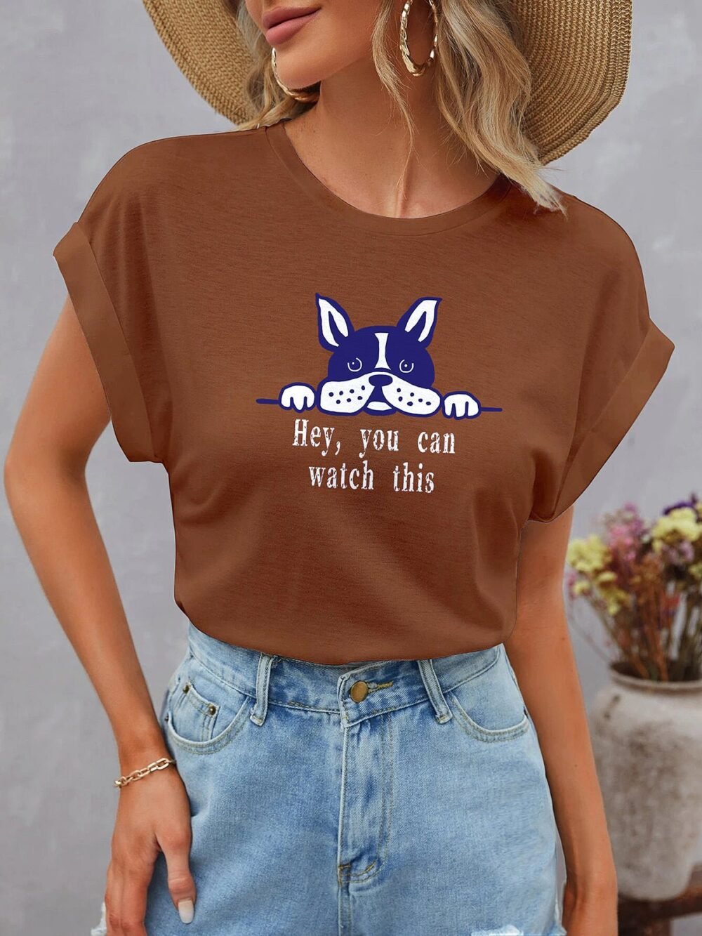 T-Shirts Cute Dolman Short Sleeve Round Neck Dog Print T-Shirt for Women - Image 3