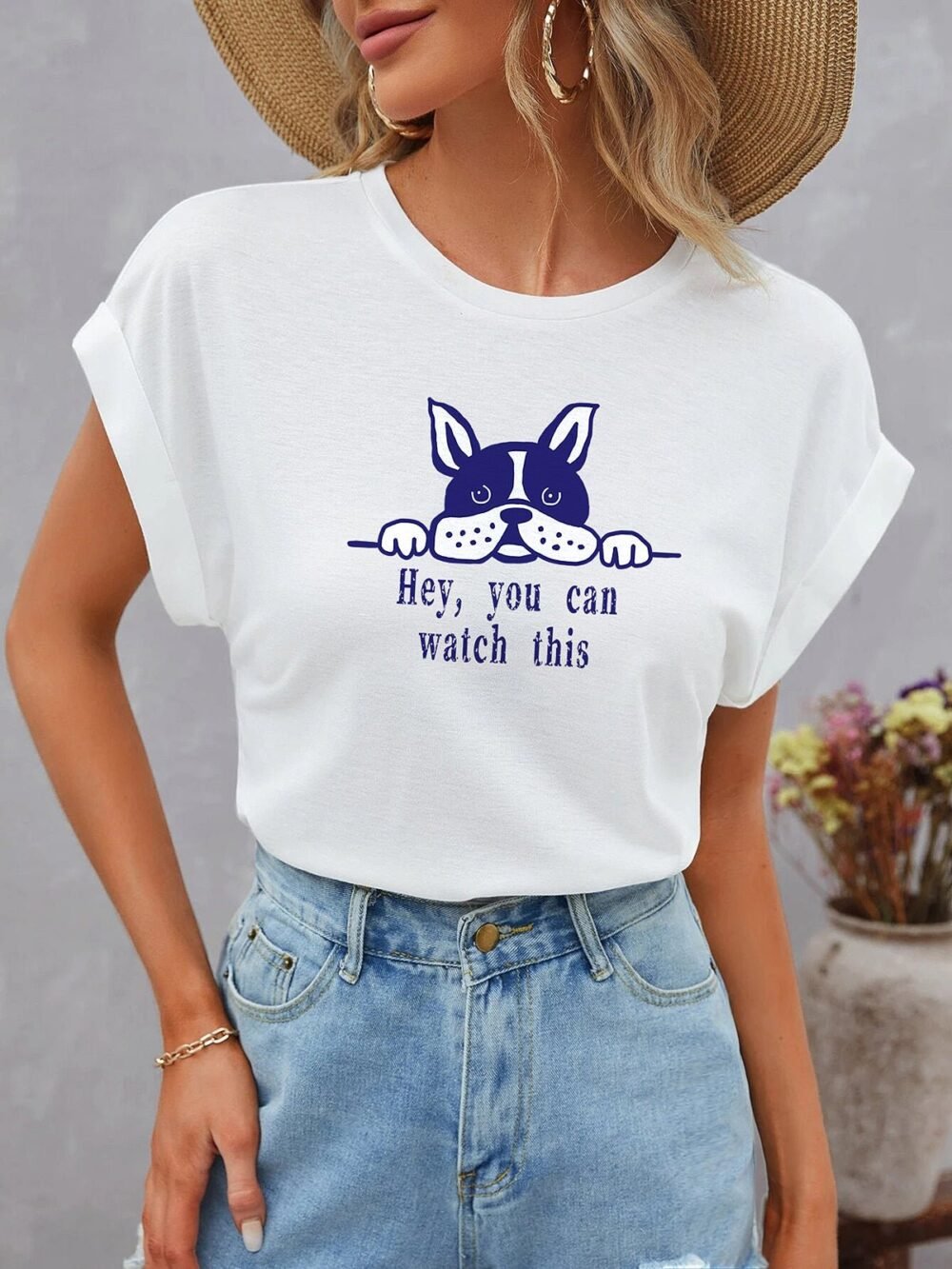 T-Shirts Cute Dolman Short Sleeve Round Neck Dog Print T-Shirt for Women