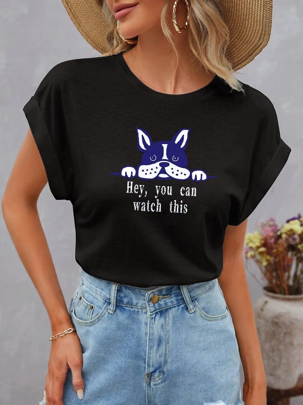 T-Shirts Cute Dolman Short Sleeve Round Neck Dog Print T-Shirt for Women - Image 2