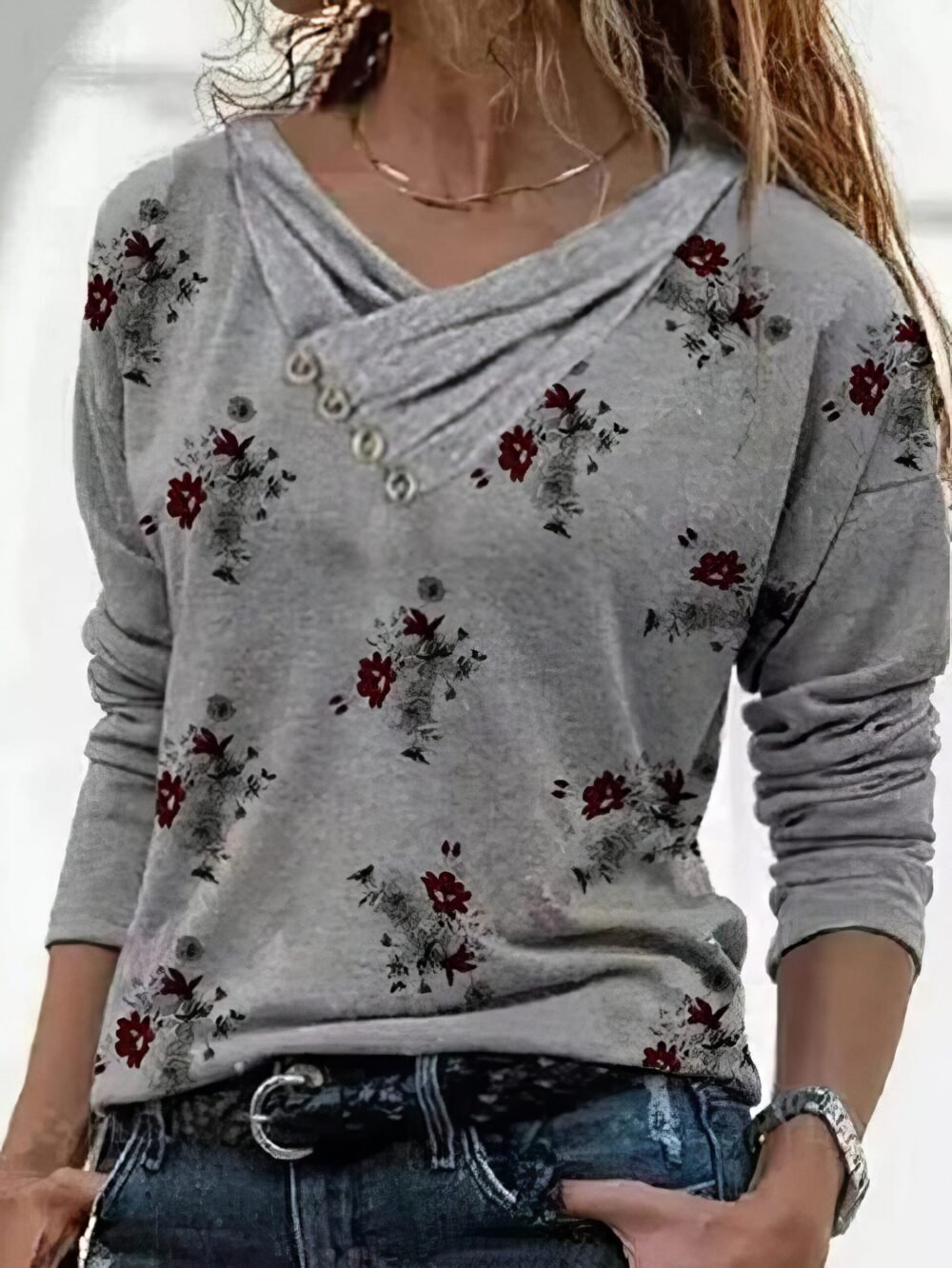 T-Shirts Floral Print Feature Button Design Long Sleeve T-Shirt for Women