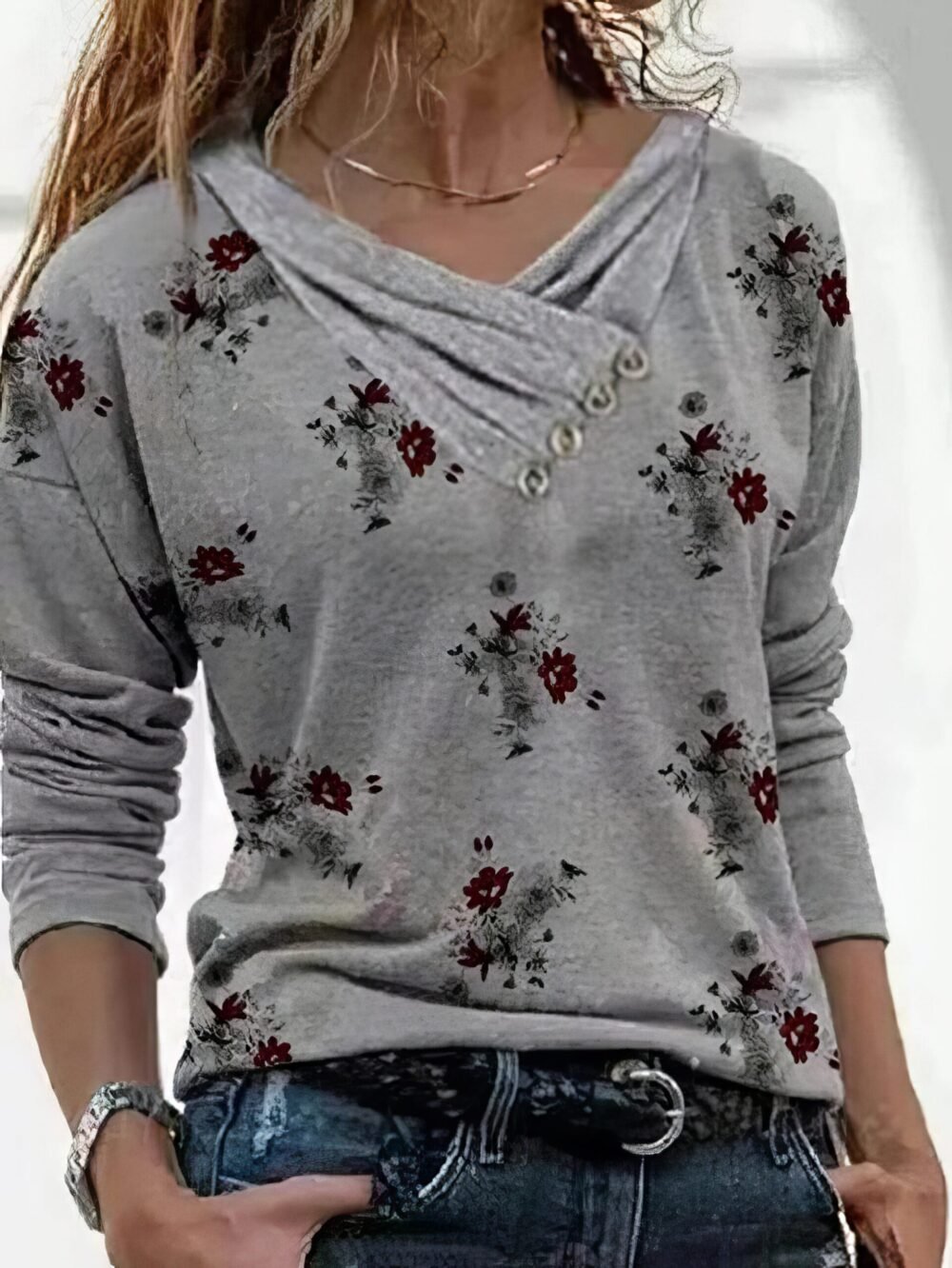 T-Shirts Floral Print Feature Button Design Long Sleeve T-Shirt for Women - Image 3