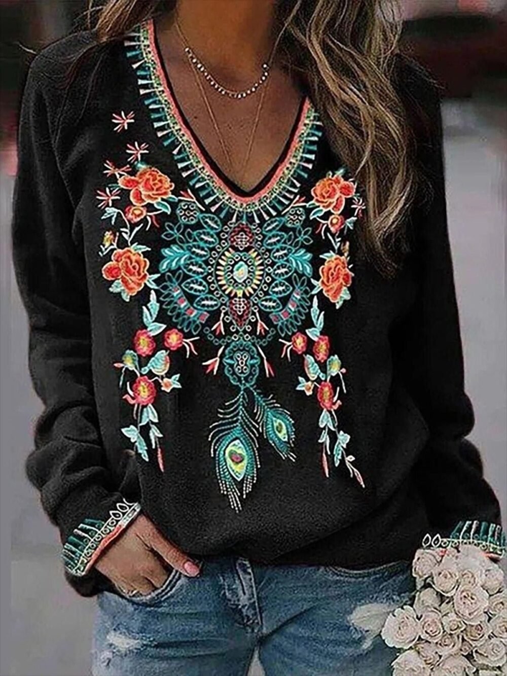 T-Shirts Floral Print V-Neck Long Sleeve T-Shirt for Women - Image 3