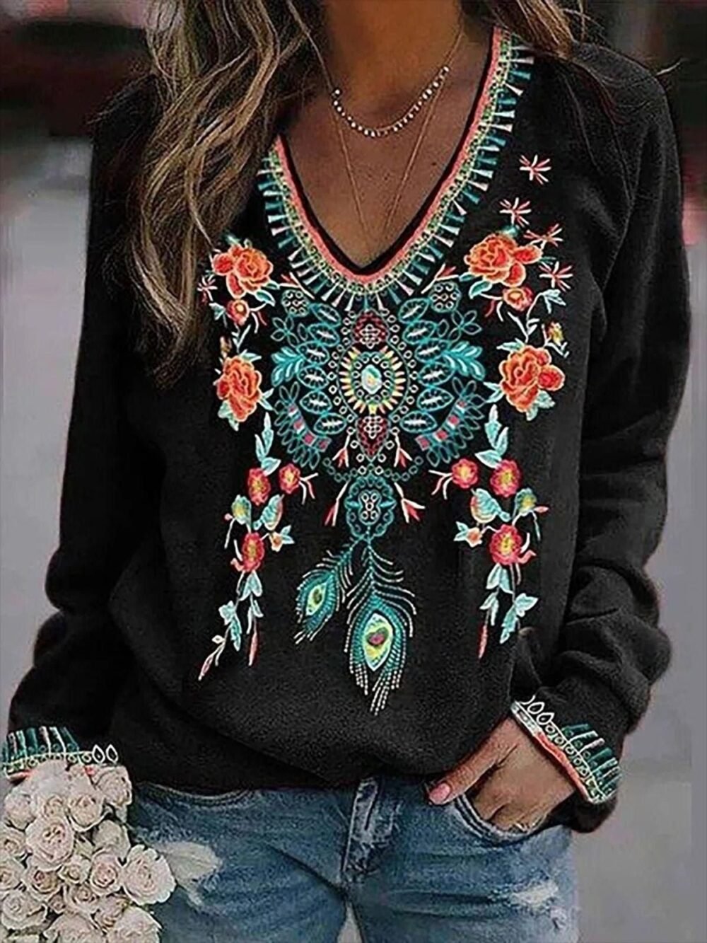 T-Shirts Floral Print V-Neck Long Sleeve T-Shirt for Women