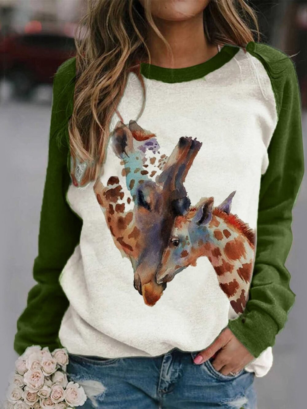 T-Shirts Giraffe Print Round Neck Long Sleeve T-Shirt for Women