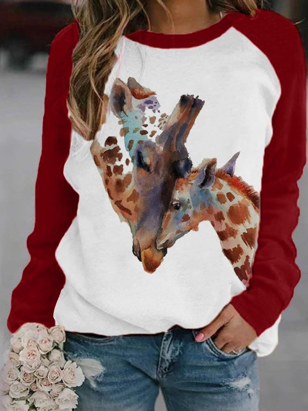 T-Shirts Giraffe Print Round Neck Long Sleeve T-Shirt for Women - Image 2