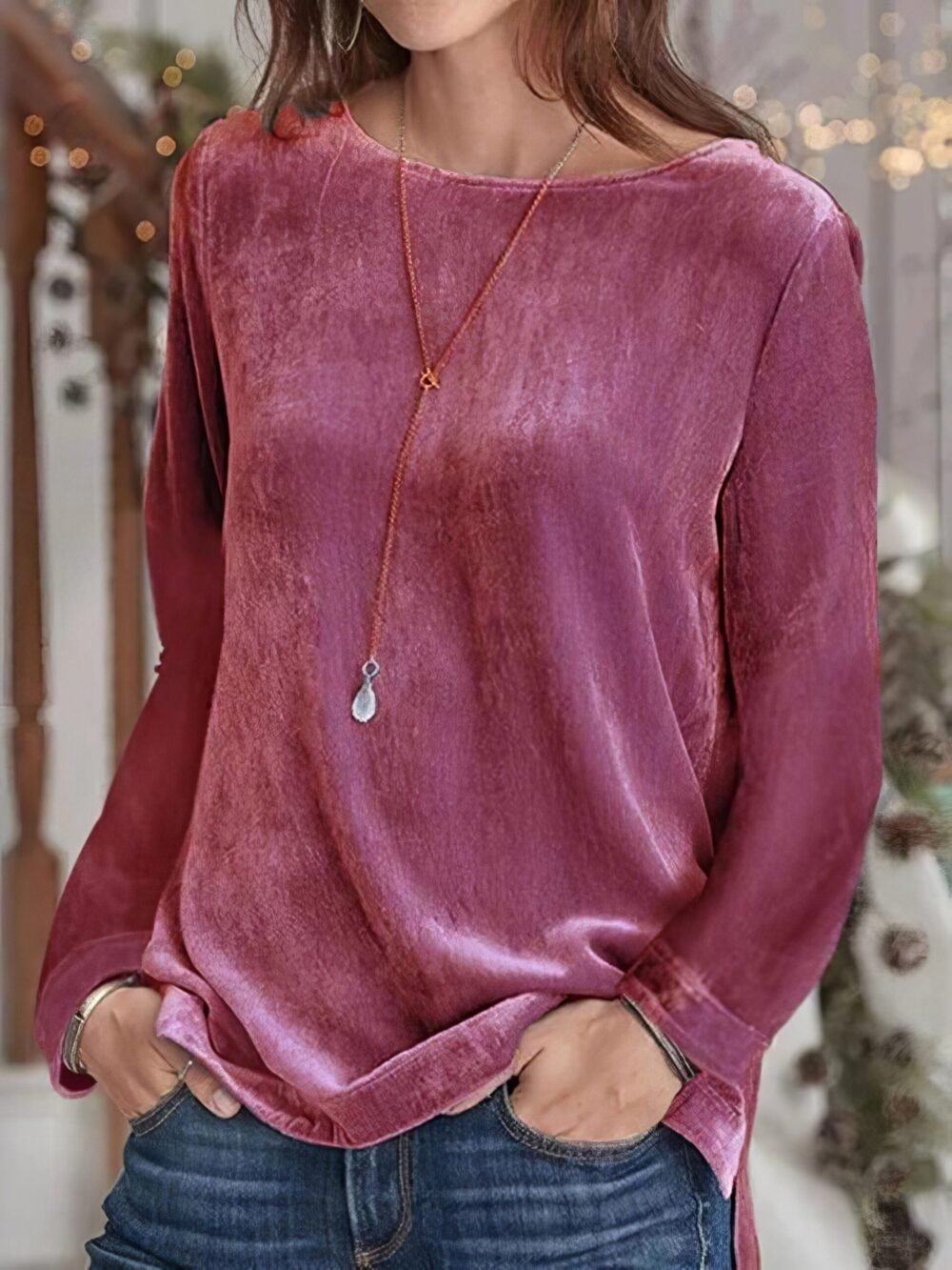 T-Shirts Gold Velvet Long Sleeve Round Neck T-Shirt for Women - Image 5