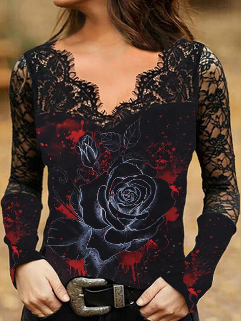 T-Shirts Hollow Lace Skull V-Neck Long Sleeve T-Shirt for Women - Image 3