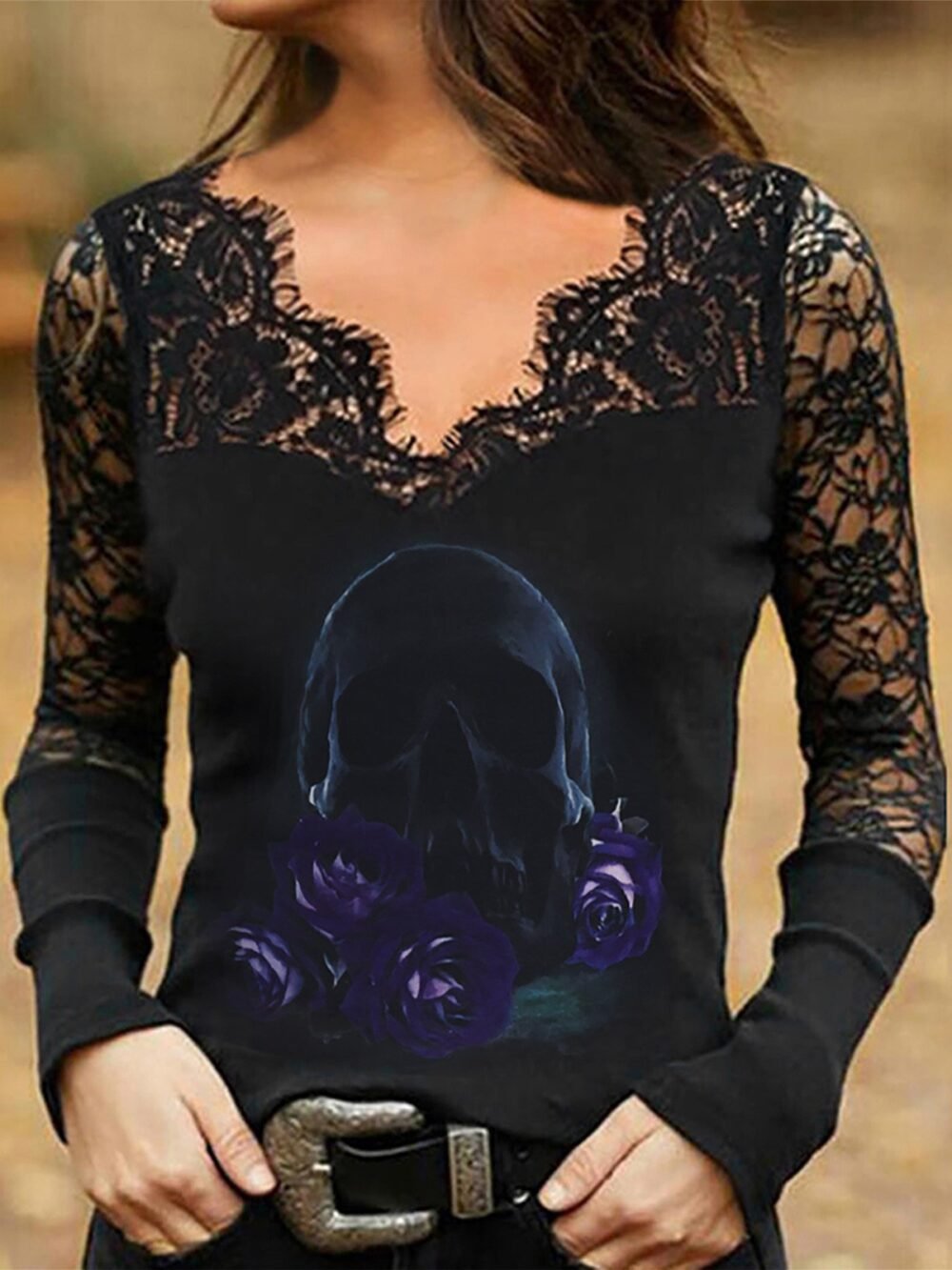 T-Shirts Hollow Lace Skull V-Neck Long Sleeve T-Shirt for Women - Image 2