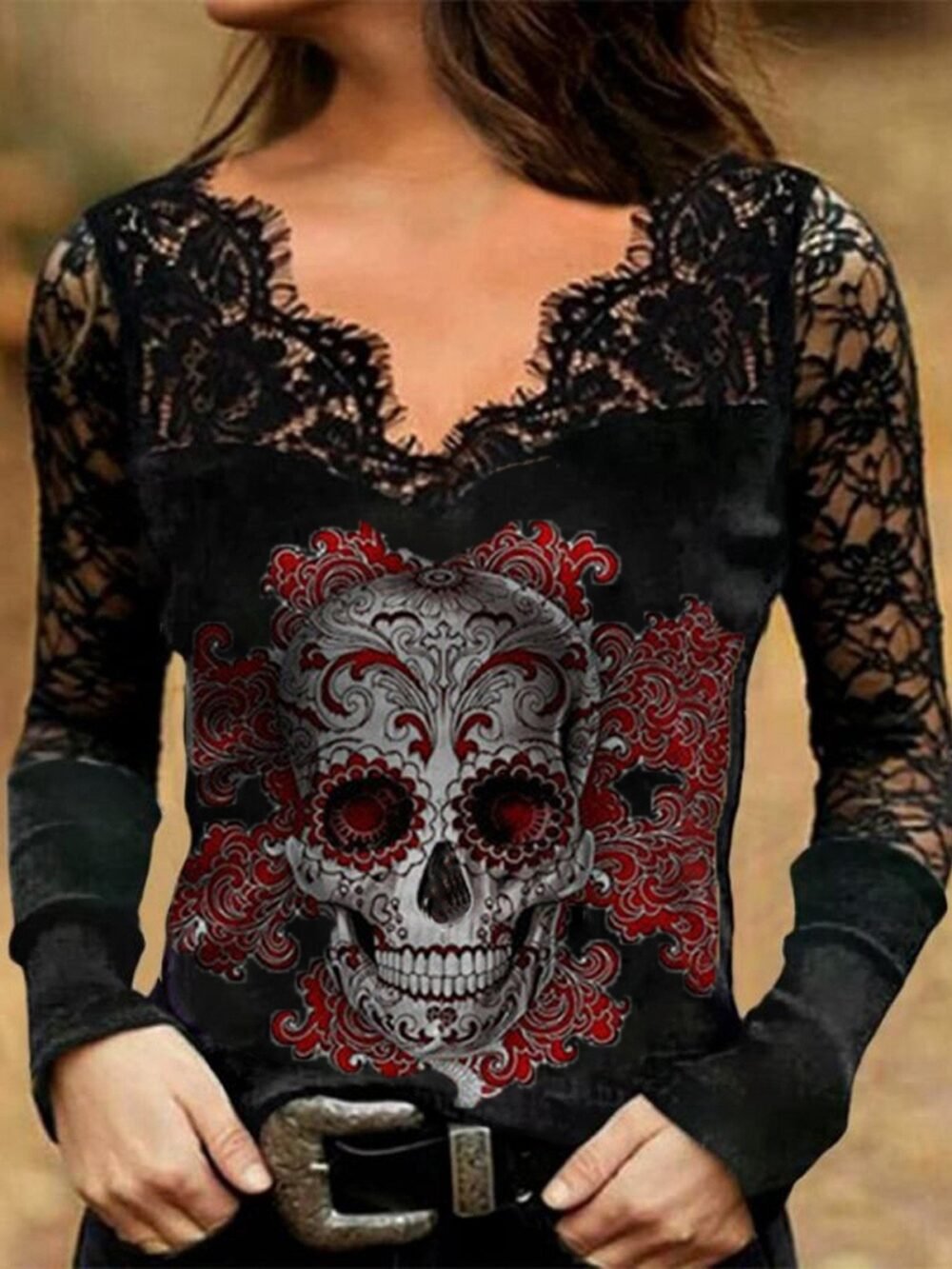 T-Shirts Hollow Lace Skull V-Neck Long Sleeve T-Shirt for Women