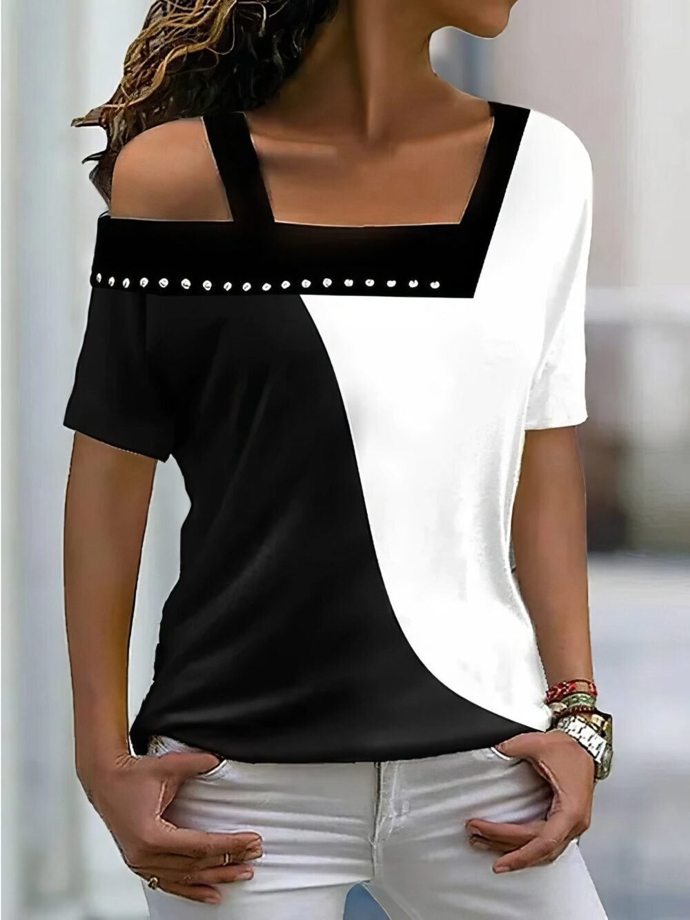 T-Shirts Irregular Neck Contrast Color Short Sleeve T-Shirt for Women