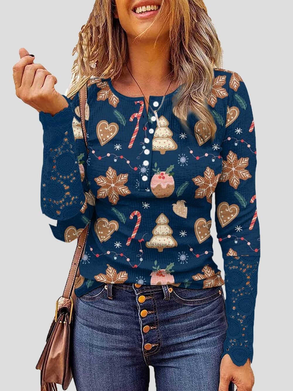 T-Shirts Lace Christmas Print Button Round Neck Long Sleeve T-Shirt for Women - Image 4