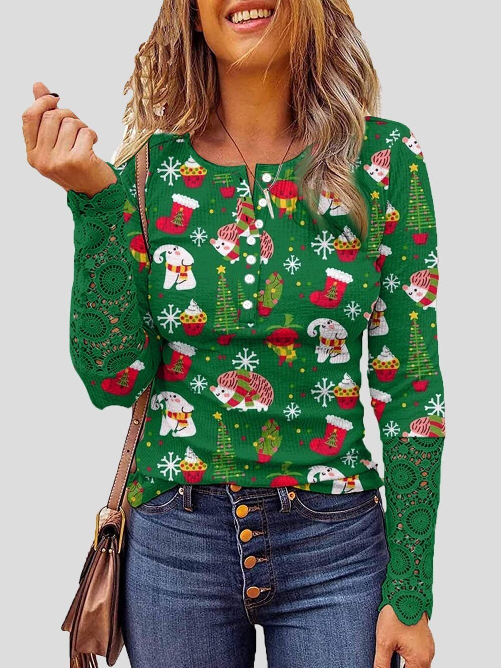 T-Shirts Lace Christmas Print Button Round Neck Long Sleeve T-Shirt for Women - Image 2