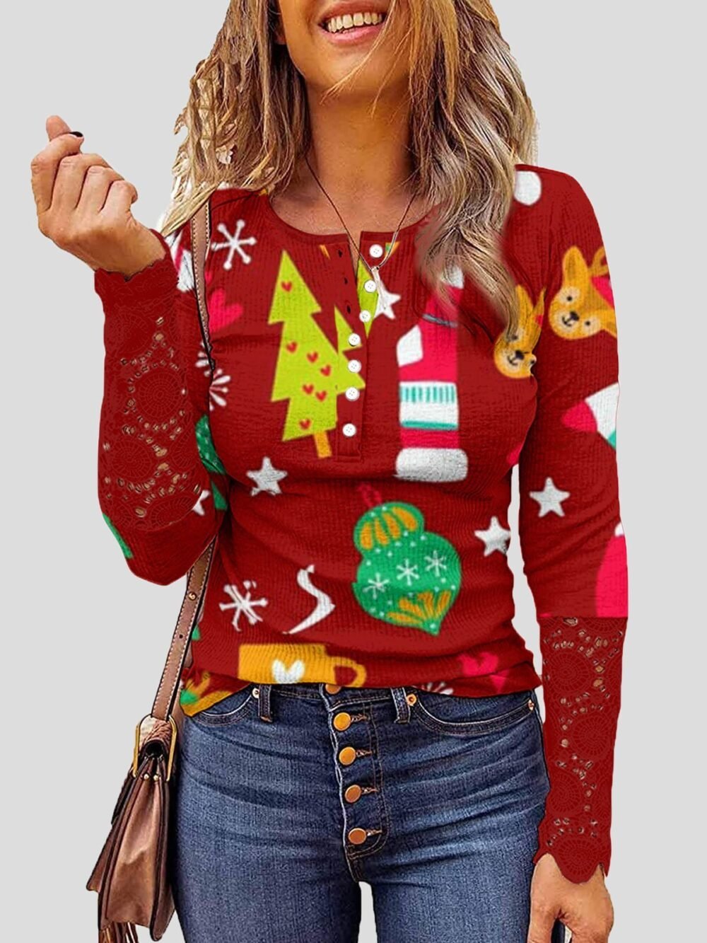 T-Shirts Lace Christmas Print Button Round Neck Long Sleeve T-Shirt for Women