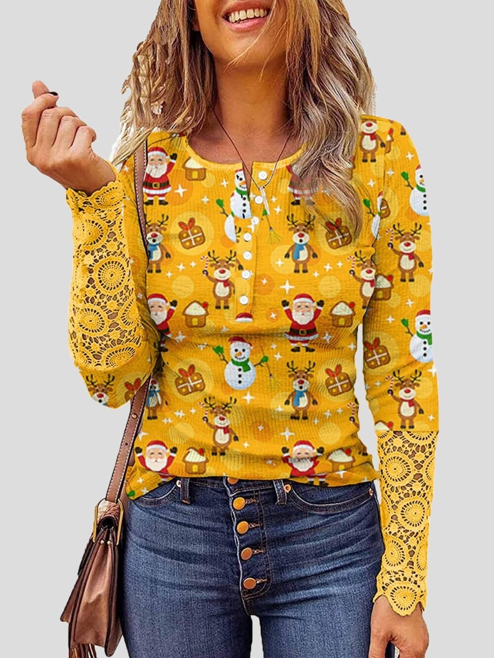 T-Shirts Lace Christmas Print Button Round Neck Long Sleeve T-Shirt for Women - Image 3