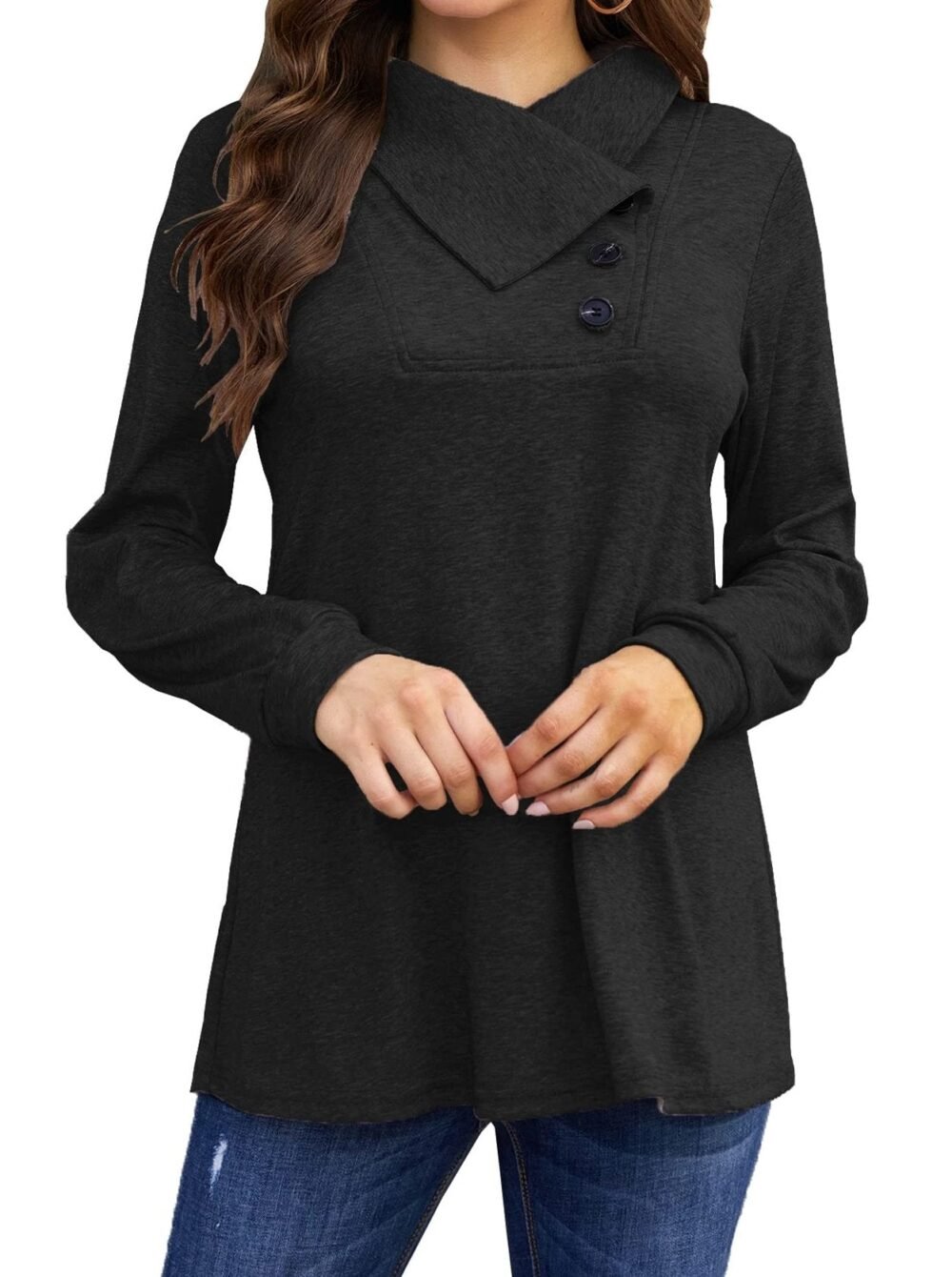 T-Shirts Long Sleeve Cowl Neck Button T-Shirt for Women - Image 5