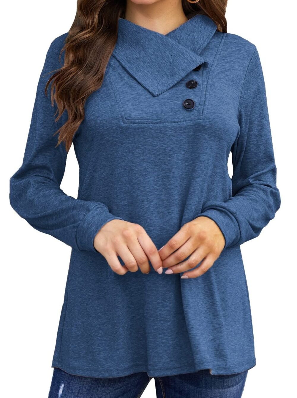 T-Shirts Long Sleeve Cowl Neck Button T-Shirt for Women - Image 2