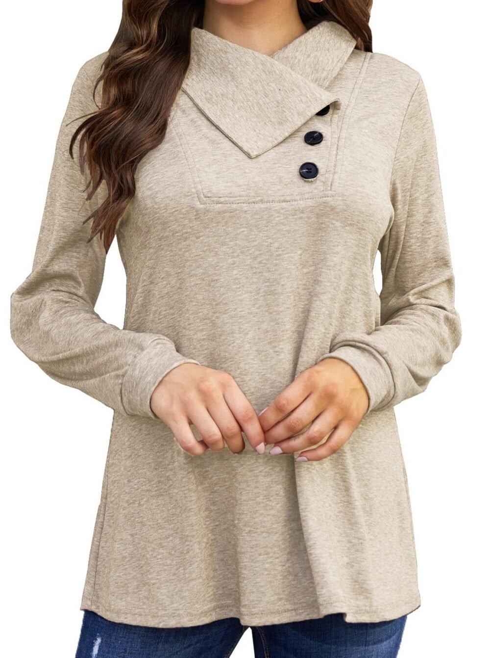 T-Shirts Long Sleeve Cowl Neck Button T-Shirt for Women - Image 3