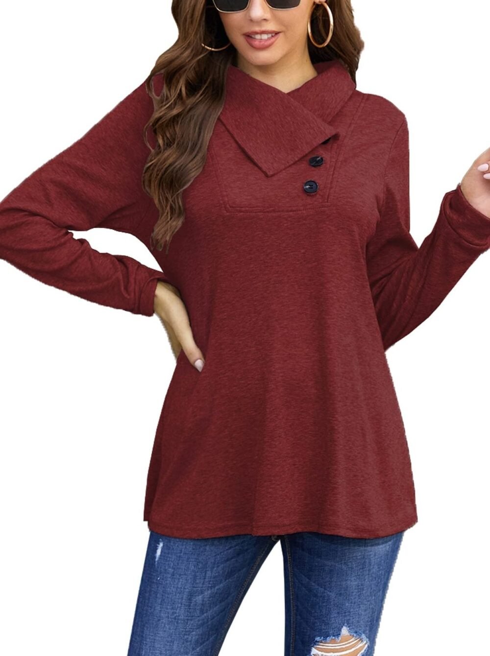 T-Shirts Long Sleeve Cowl Neck Button T-Shirt for Women - Image 9