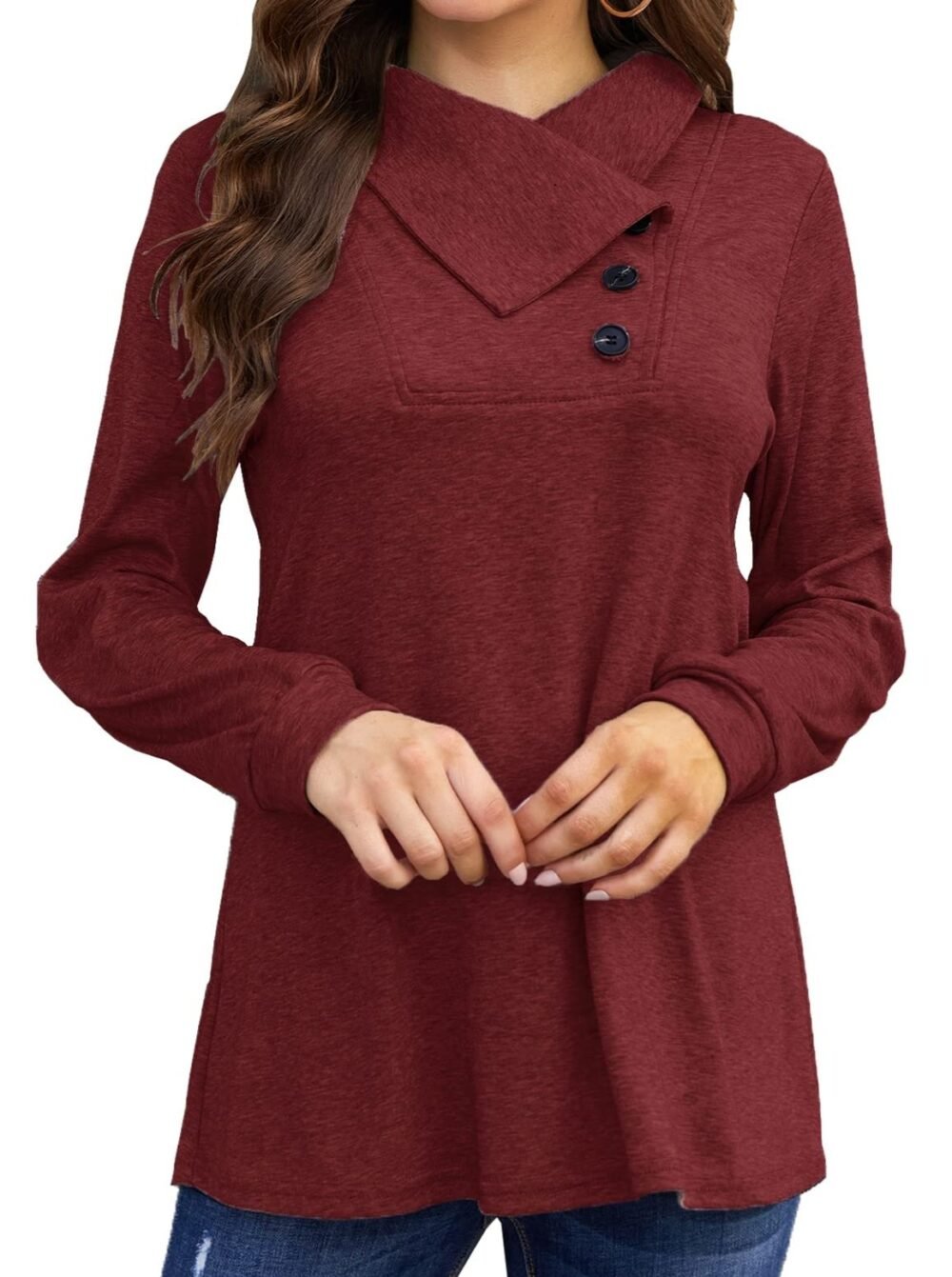 T-Shirts Long Sleeve Cowl Neck Button T-Shirt for Women