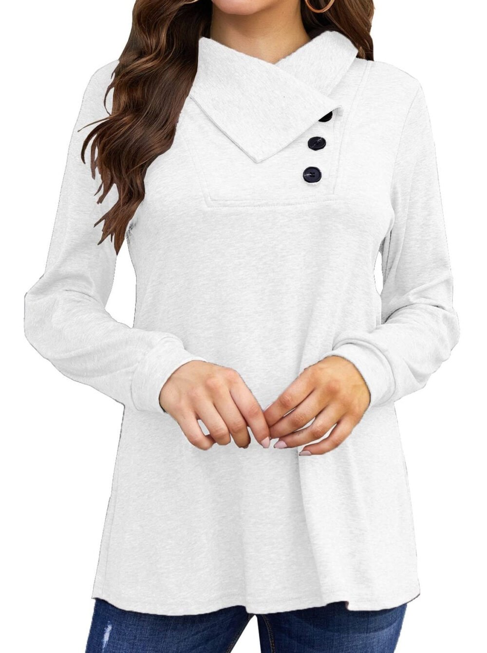 T-Shirts Long Sleeve Cowl Neck Button T-Shirt for Women - Image 4